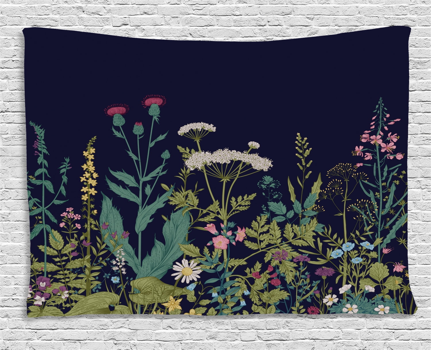 Botanical Tapestry, Blossoming Meadow Artwork with Various Herbs and
