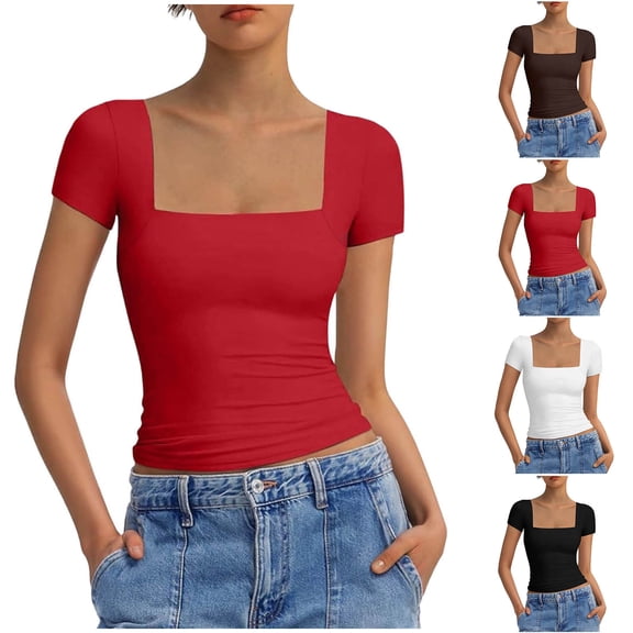 Miluxas Women's Square Neck Athletic Solid T Shirts Slim Fitted Short Sleeve Soft Breathable Workout Tops for Gym Yoga White