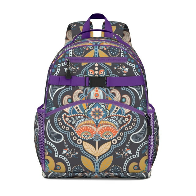 Mandala Inspired Exotic Paisley Artwork School Backpack Adjustable Padded Straps Chest Buckle Water-Resistant Durable Bookbag