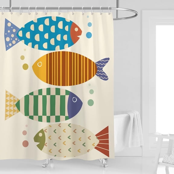Fish Shower Curtain for Bathroom, Cute Colorful Geometric Sea Life Pattern Bath Set, Retro Marine Bathroom Decor, Polyester Fabric with 12 Plastic Hooks, 66" W x 72" L