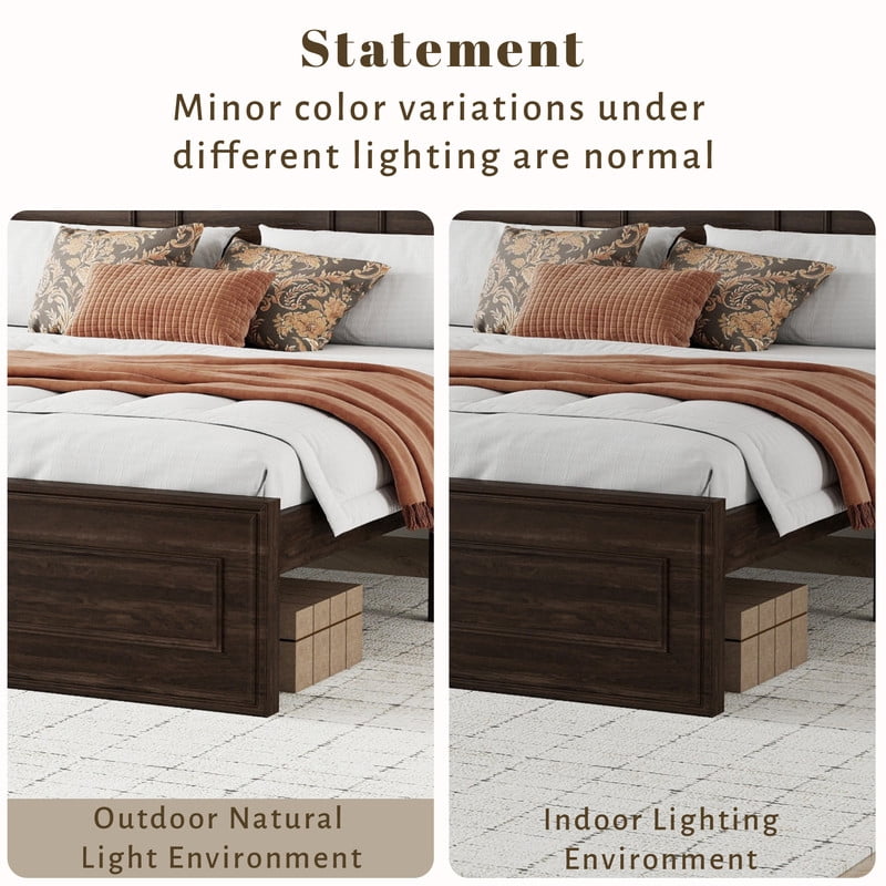 Vintage Queen Size Platform Bed with Adjustable Height Headboard, Wooden Low-Profile Bed Frame with Under-Bed Storage