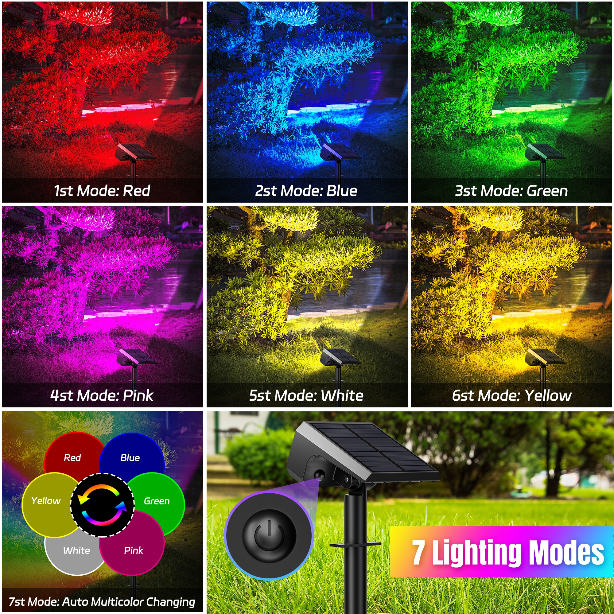 Flaow Solar Lights Outdoor,10 pack,IP65 Waterproof RGB Color Changing,Landscape Solar Spotlight,7 Modes, Dusk to Dawn for Garden, Yard, Patio, Driveway