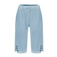 thumbnail image 5 of Bermuda Shorts for Women Linen Capri Pants Knee Length Drawstring Cropped Pants Summer Beach Vacation Long Shorts Sky Blue S, 5 of 6