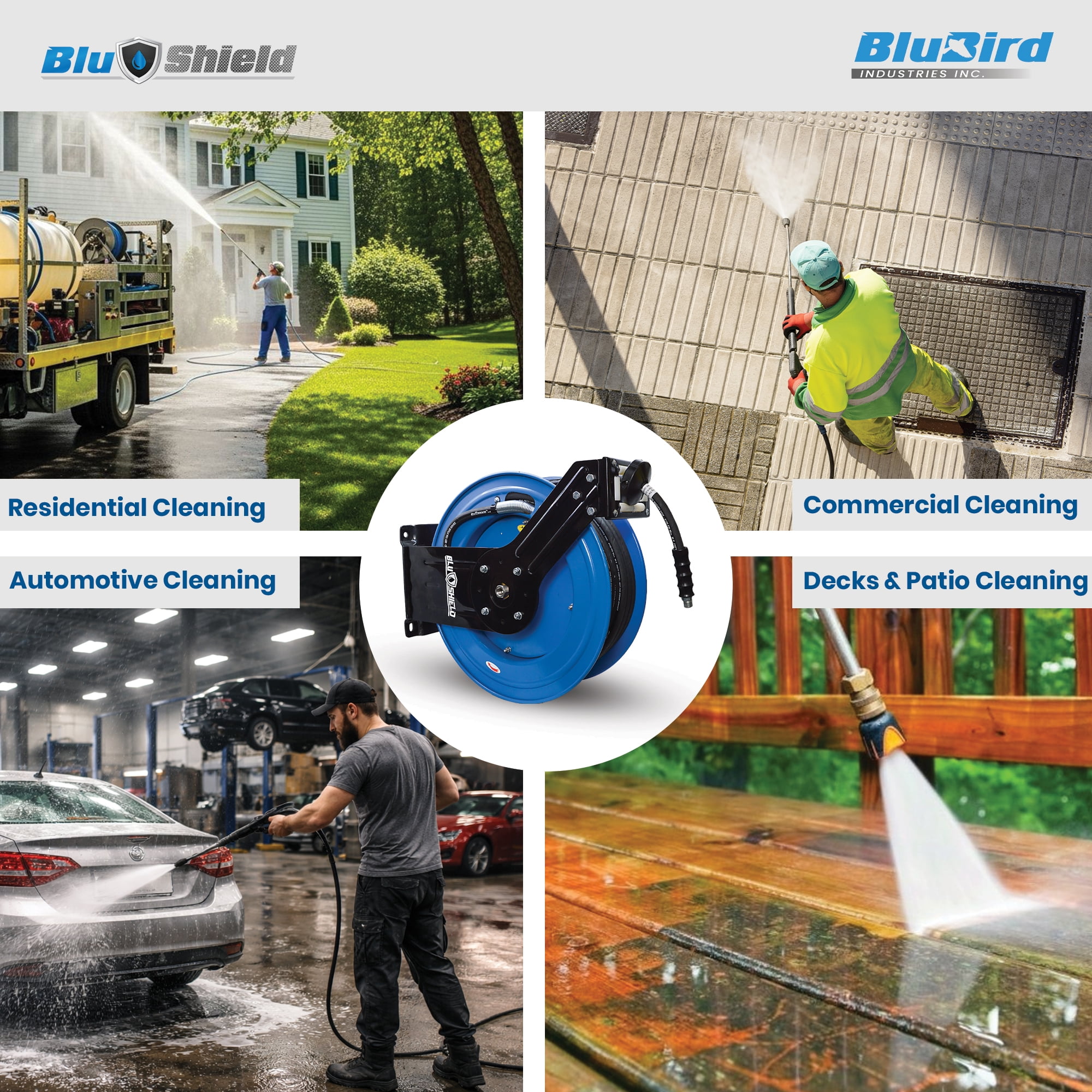 BluShield 1/4" Pressure Washer Dual Arm Hose Reel with 35% Lighter Polyester Braided Hose - Hot and Cold Water, 1 Year Warranty, 3100 PSI, M22 (1/4" x 100')