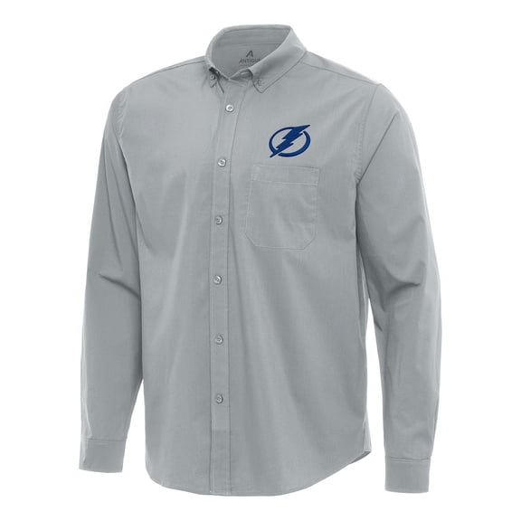 Men's Antigua Gray Tampa Bay Lightning Flight Woven Tri-Blend Long Sleeve Button-Down Shirt