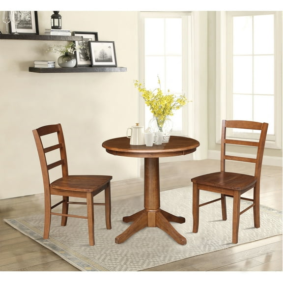 30'' Round Solid Wood Pedestal Dining Table with 2 Madrid Ladder Back Dining Chairs in Distressed Oak