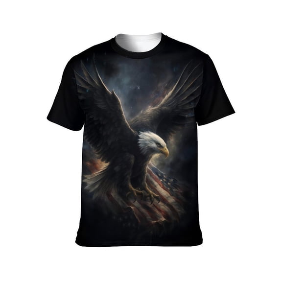 Men’s USA Flag Bald Eagle Graphic T-Shirt, All-Over Print Style, Stretch Polyester Spandex Tee, Short Sleeve Crewneck, S-4XL