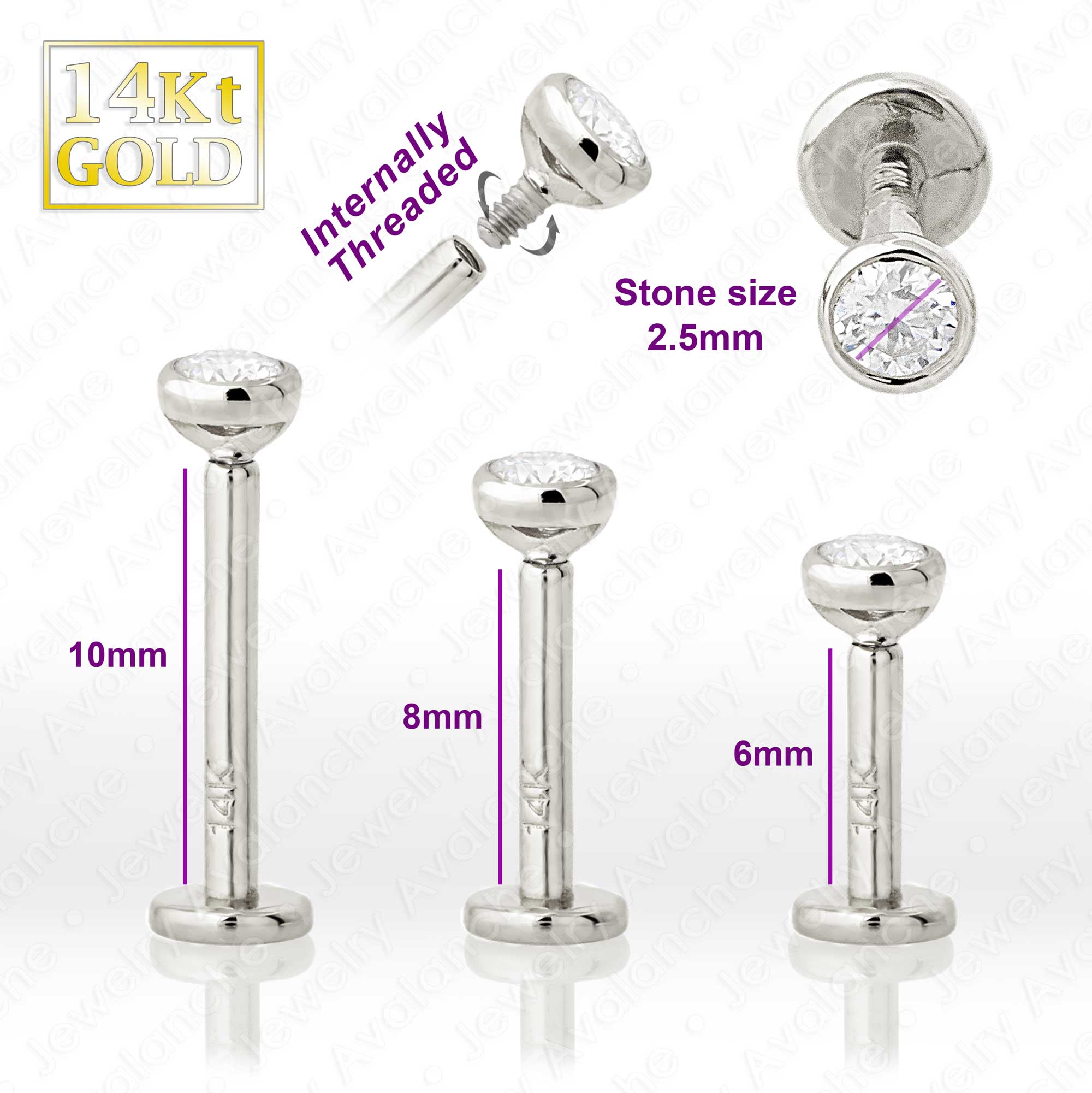 16G 14K White Gold Bezel Set 2.5mm Moissanite Labret Monroe Stud 6mm Post Flat Disk Bottom Lip Ring Tragus Stud Internally Threaded 14KLBRT-BZ25MNT6WG