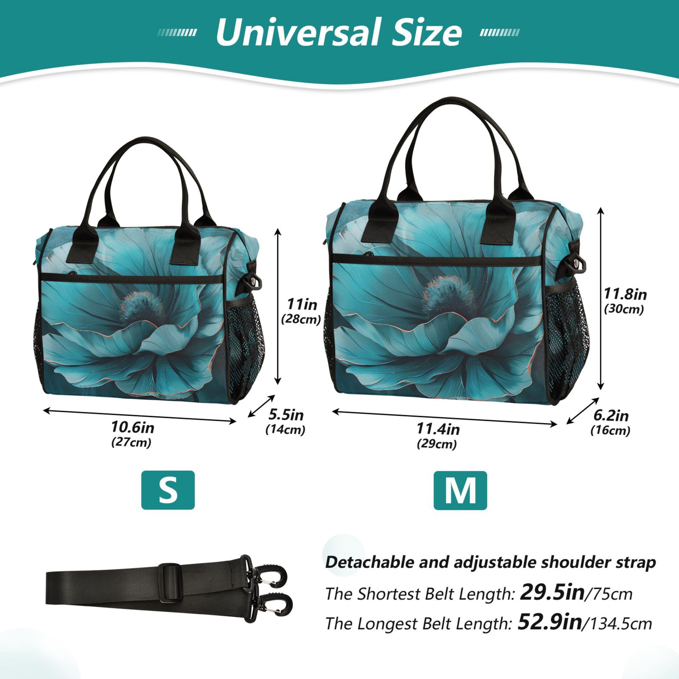 ALAZA Teal Flower Insulated Lunch Bag Reusable Tote Box Adjustable Shoulder Strap for Work Picnic