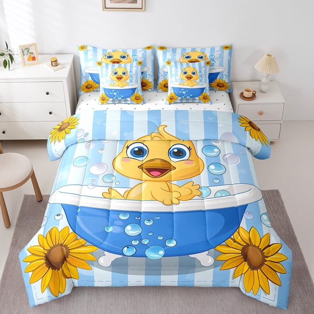 YST Ocean-Themed Cartoon Wildlife 7-Piece Bedding Set, Twin, Blue Geometric Striped