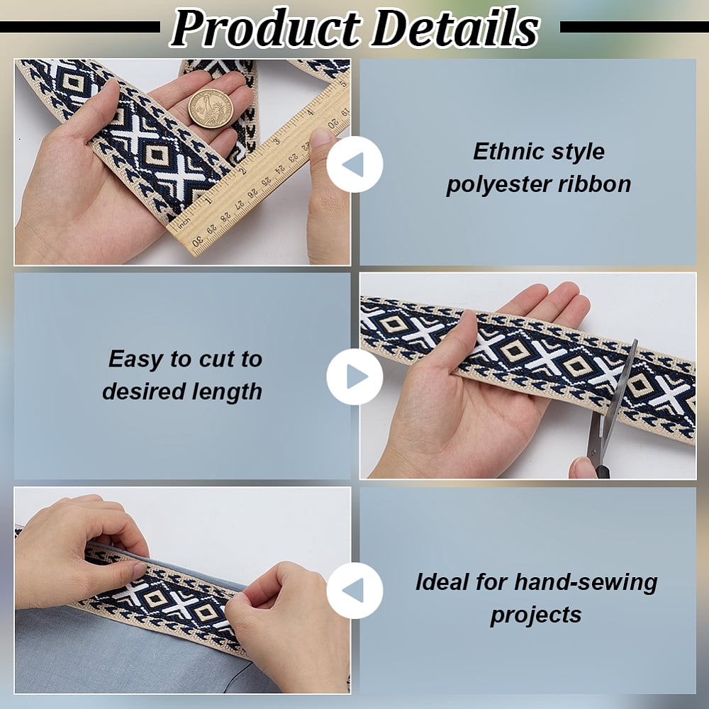 11 Yards/10.06m Rhombus Jacquard Ribbon 5cm/2Inch Wide Black Vintage Geometric Trim Ethnic Style Polyester Webbing Strap DIY