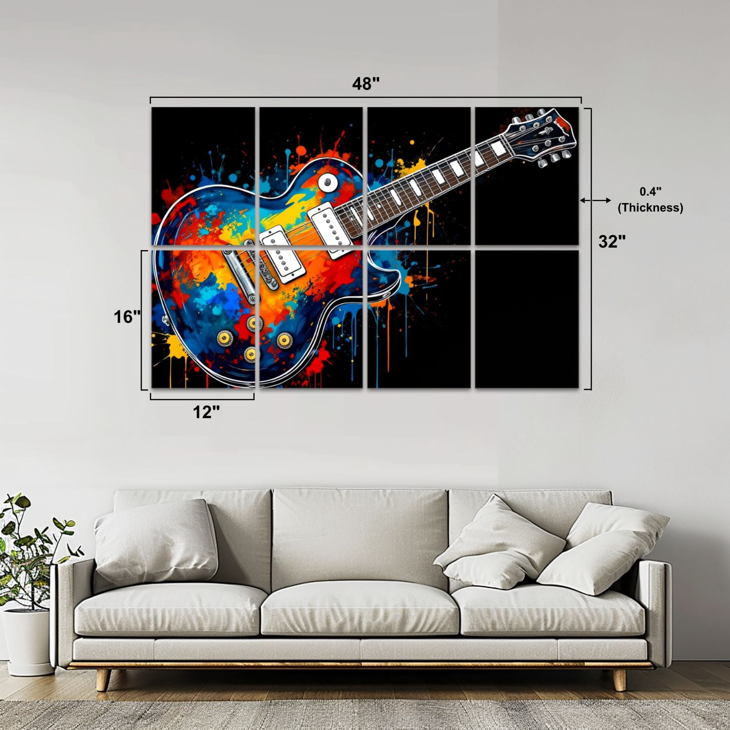 Musical 8 Pack Art Acoustic Panels Sound Absorbing Colorful Electric Guitar Abstract Paint Splashes Decorative Soundproof Wall Panels Self Adhesive for Nursery Game Room Music Classroom 48"x32"