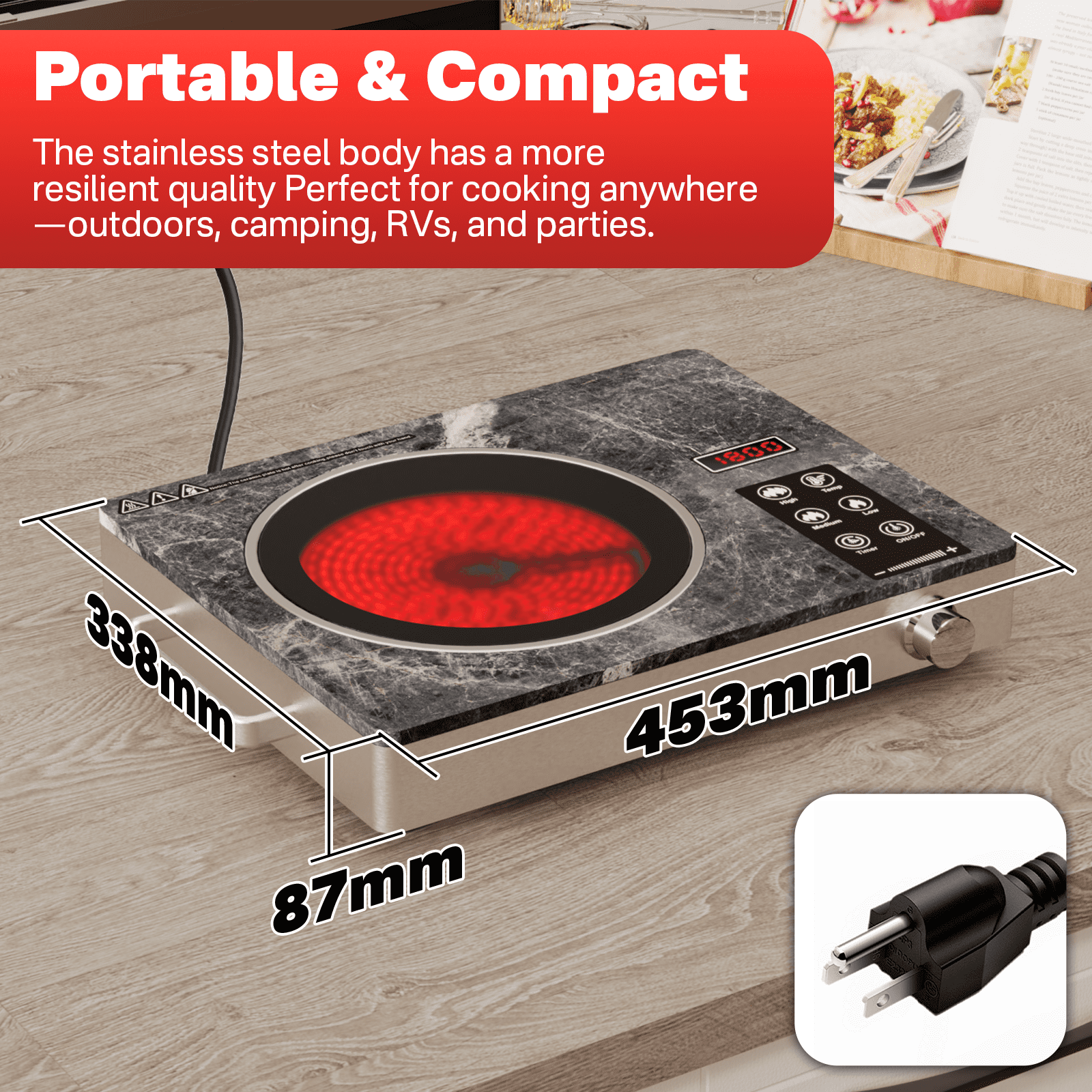 Nardea Single-Burner Electric Ceramic Cooktop – 1800W Infrared Heating, 18 Heat Levels, Timer, Compact Design, for Kitchen, Dorm, or Outdoor Use