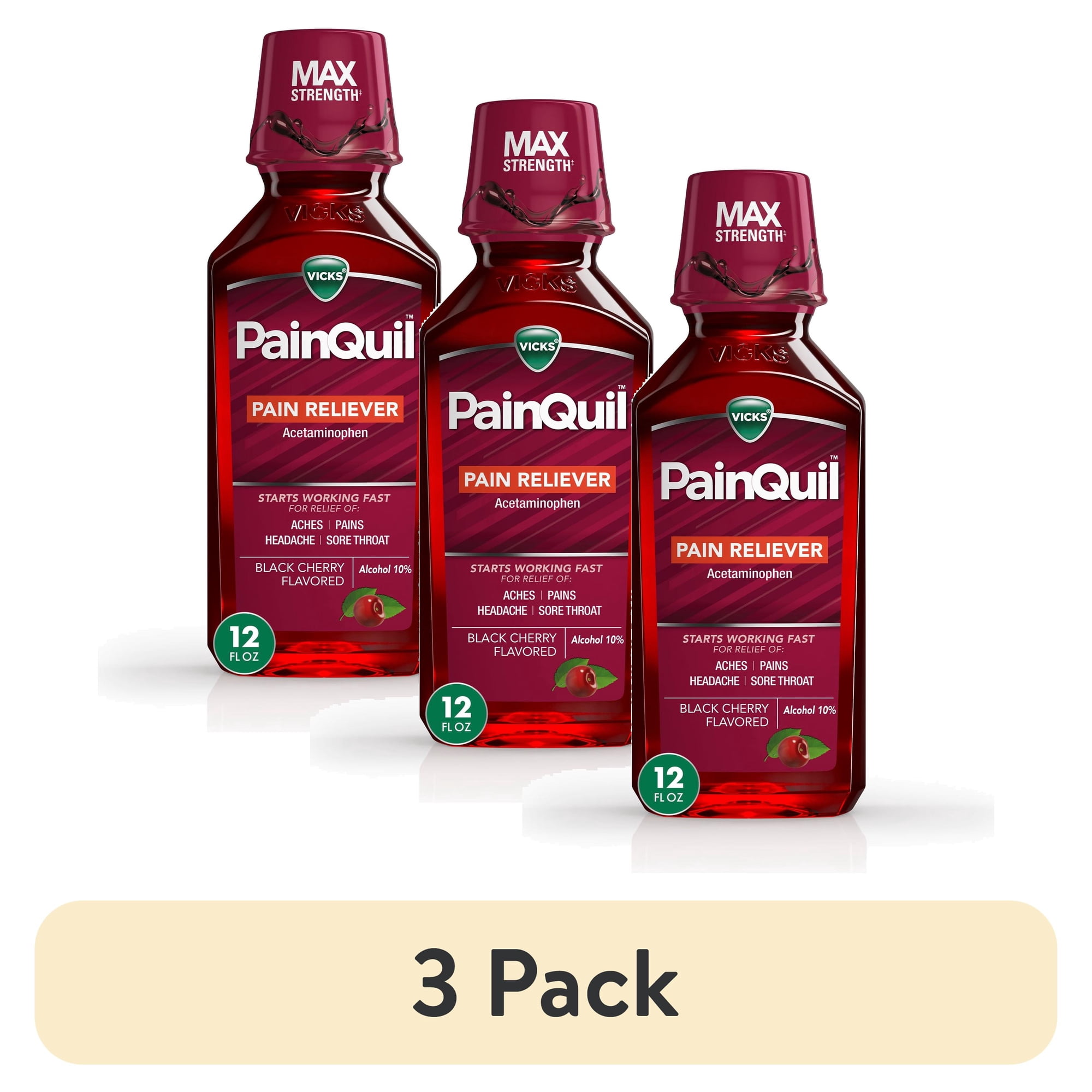 (3 pack) Vicks PainQuil Pain Relief Liquid, Acetaminophen 1000mg Pain Reliever, 12 fl oz