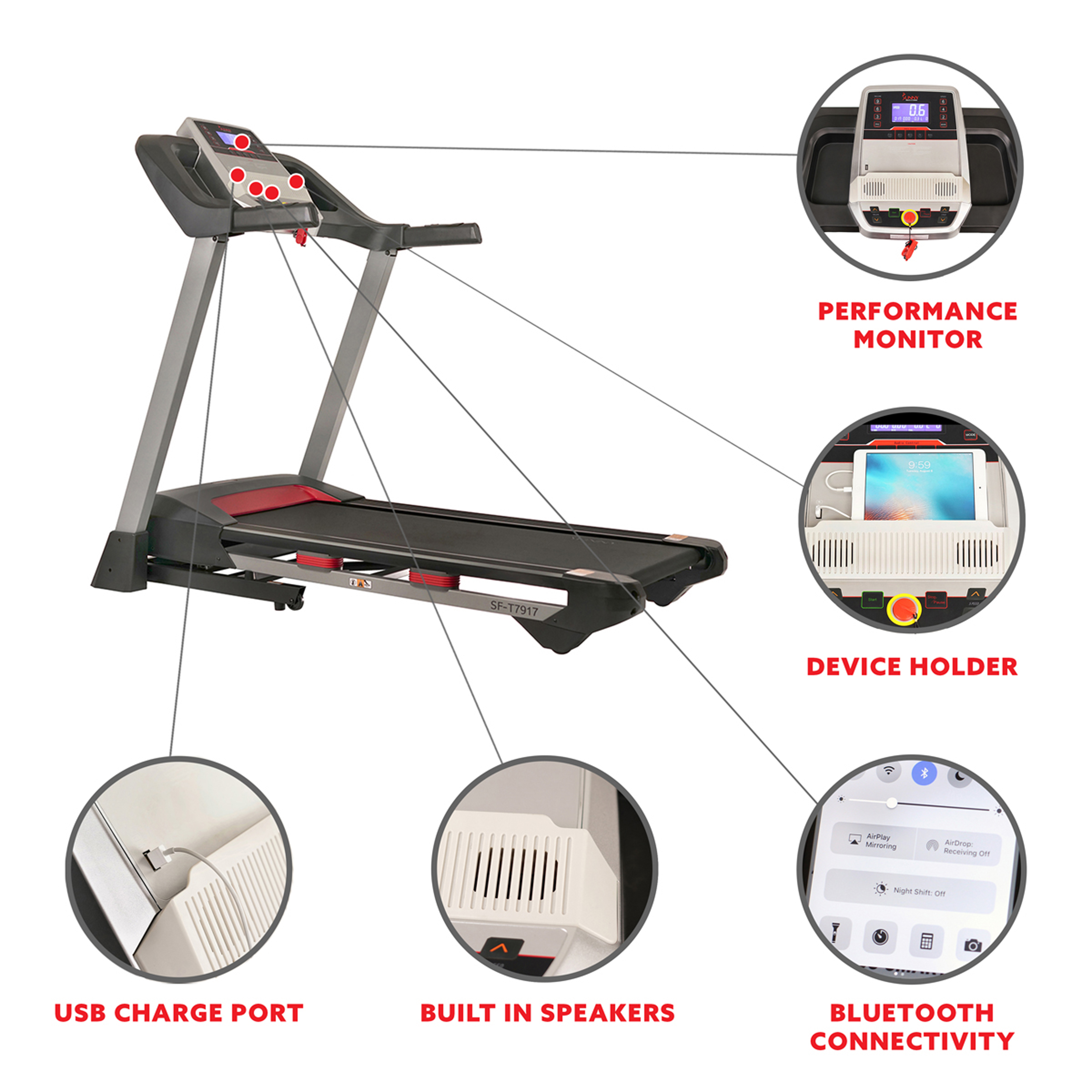 Sunny Health Fitness Electric Incline Treadmill, Bluetooth Speakers, USB Charge Function, Home Workout Exercise Machine, SF-T7917 - image 3 of 13