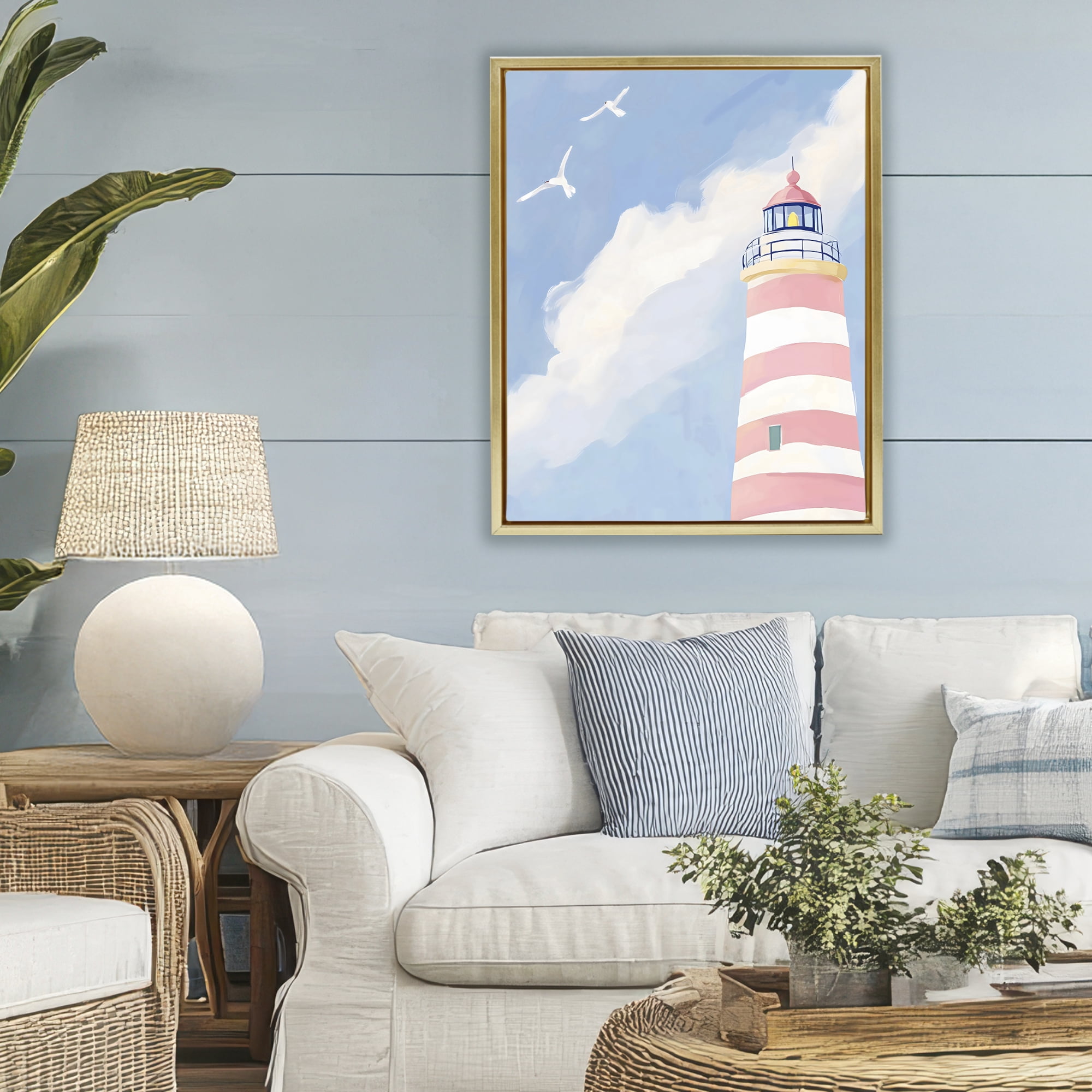 Stupell Industries Striped Lighthouse with Seagulls Gold Framed Floater Canvas Wall Art, design by The Prints Vibe