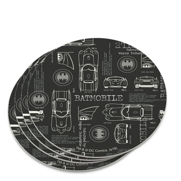 Batman Batmobile Blueprint Pattern Novelty Coaster Set