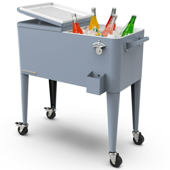 Permasteel Party Cooler with Divider, Spacious 80-Qt Capacity, Chills 36hrs, Serving Tray, Rolling Ice Chest for Indoor and Outdoor Entertainment, Matte Blue