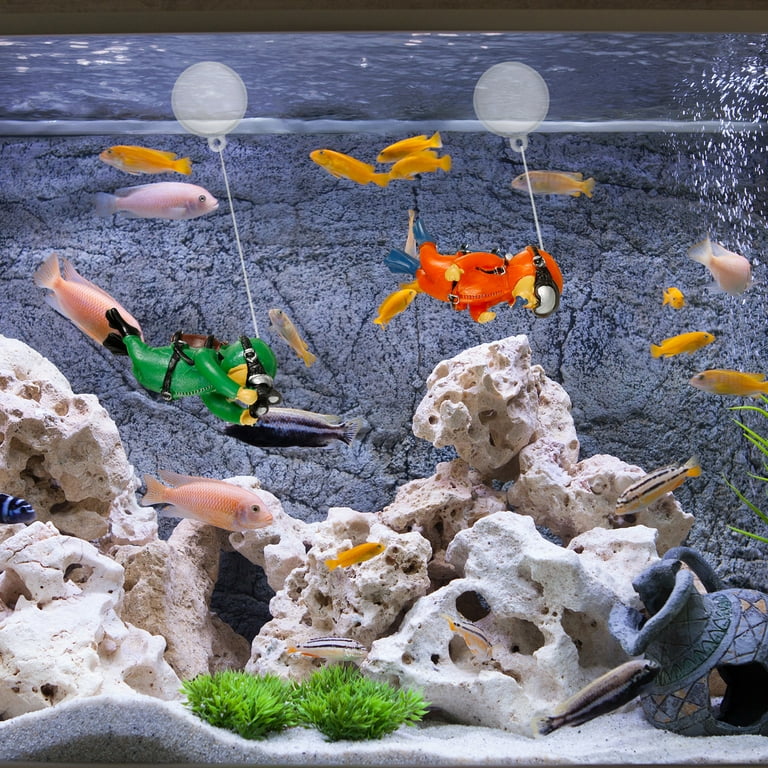 BUBABOX 2 Pack Fish Tank Decorations, Cute Little Diver Aquarium Decors,  Fish Tank Diver Ornament Floating Aquarium Accessories(orange,green)