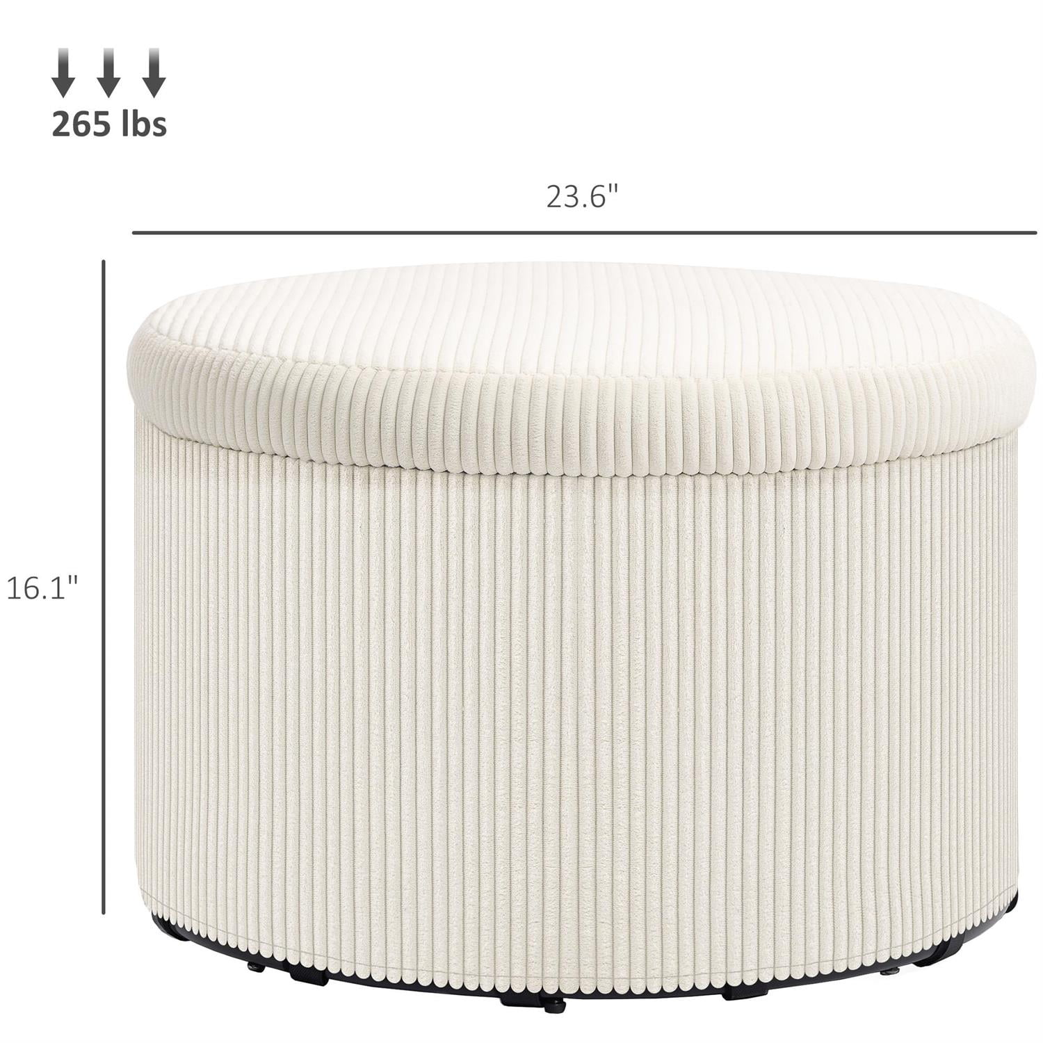 Demi Bonn 23" Round Storage Ottoman Stool with Lid, Upholstered Corduroy for Living Room, Bedside Footrest, Storage Stool, Beige