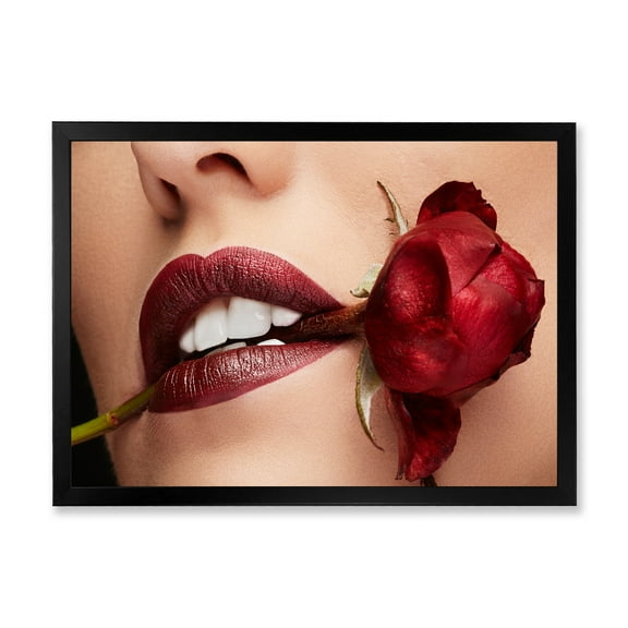 Designart 'Girl With Red Lipstick Holding A Rose In Mouth' Modern Framed Art Print