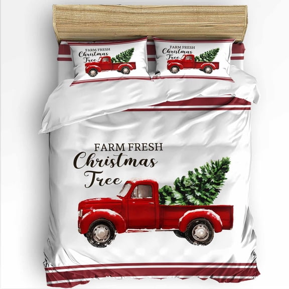 Christmas Farm King Size Comforter Set, Truck Xmas Tree Red Strips Soft Bedding for All Seasons, 4 Pcs Bed Set with 1Comforter (90"x106") ,1 Sheet(94"x116"), 2 Pillowcases (19"x35")