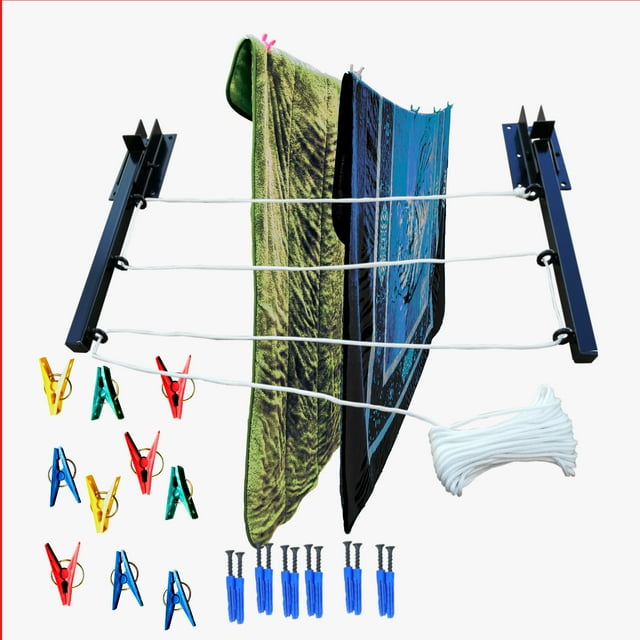 Tendedero Plegable para Ropa, Tendedero Retráctil Pared, Tendederos para Interiores y Exteriores, Colgador de Ropa, 3 Líneas con Cordón Poliéster.