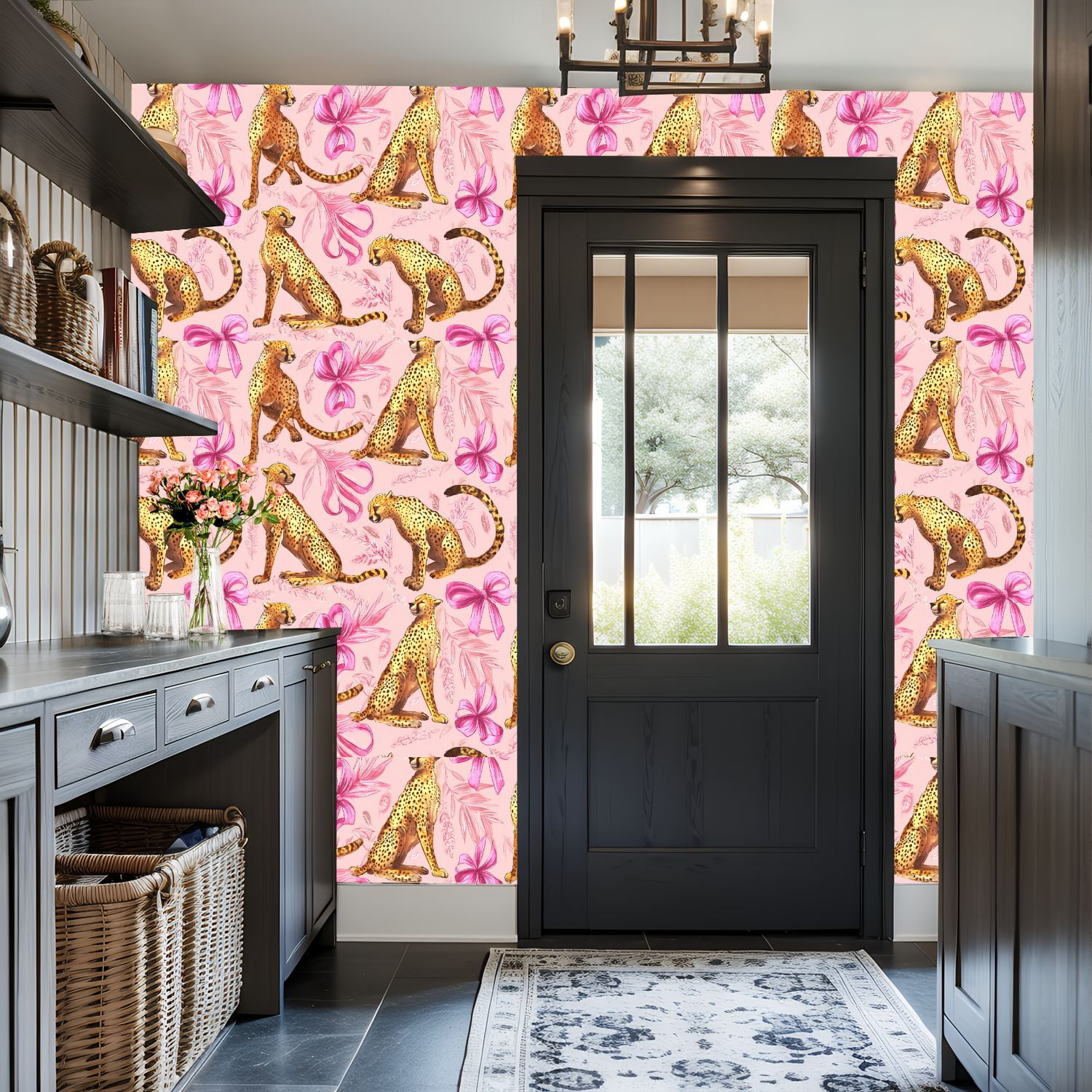 Cheetah Peel and Stick Wallpaper 17.7in x 9.8ft Leopard Cheetah Pink Floral Contact Paper Vinyl Waterproof Self Adhesive Wall Paper for Bedroom Shelf Cabinet Renter Friendly