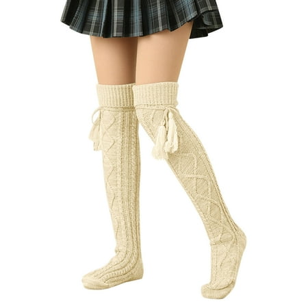 

Wiueurtly Women Autumn And Winter Solid Color Breathable Knitted Fringe Over The Knee Stockings Snowman Stocking Christmas Tights Women Control Top