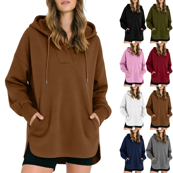 HAOTAGS Hoodies for Women Casual Polo Pullover Long Sleeve Sweatshirts with Pocket Brown Size 2XL