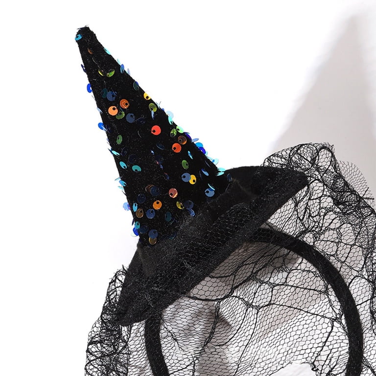Witch Headband Sequin Lace Veils Costume Accessories Halloween for Women HOARBOEG Witch Hat Headband for Women, Sparkly Sequin  main image 3