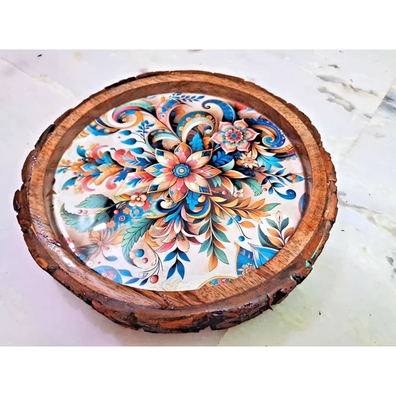 Handmade Wooden Serving Tray – 11" Round Epoxy Resin Platter with Floral Art
