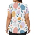 thumbnail image 3 of Women's Fashionable V-neck Short-sleeved Work Top With Double Side Slits And Pockets, Featuring Easter Bunny And Egg Prints. Purple Pink E M, 3 of 5