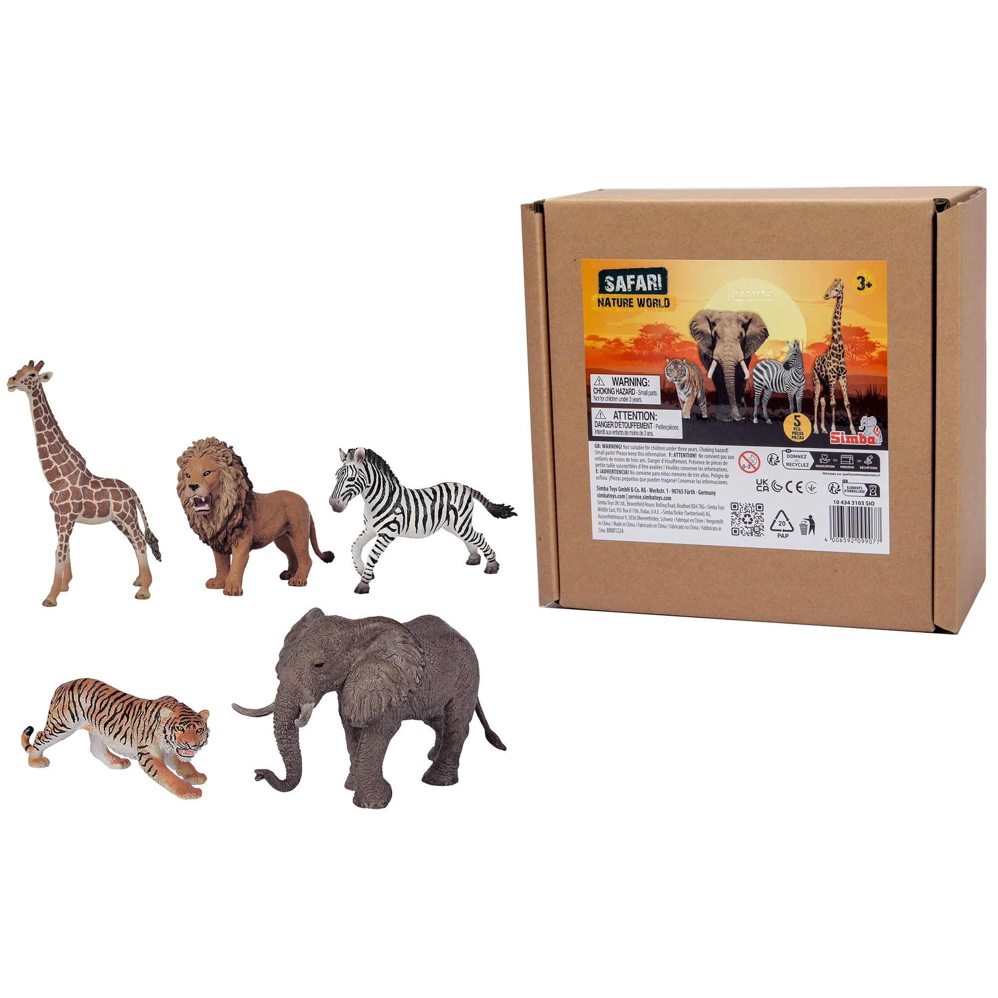 Simba Toys: Safari Animals Set – 5 Wild Animal Figures, Lion, Tiger, Elephant, Giraffe, Zebra, Colorful & Detailed, Realistic Toy Miniatures, Kids 3+