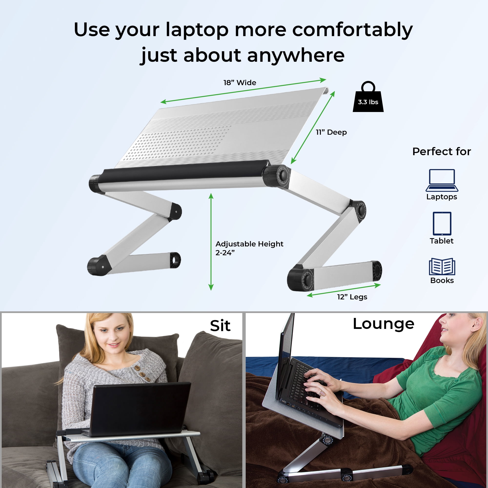 Adjustable Laptop Stand for Desk and Bed – WorkEZ Executive Aluminum Laptop Riser with Ergonomic Height & Tilt, Cooling Panel, and Portable Lap Desk Design