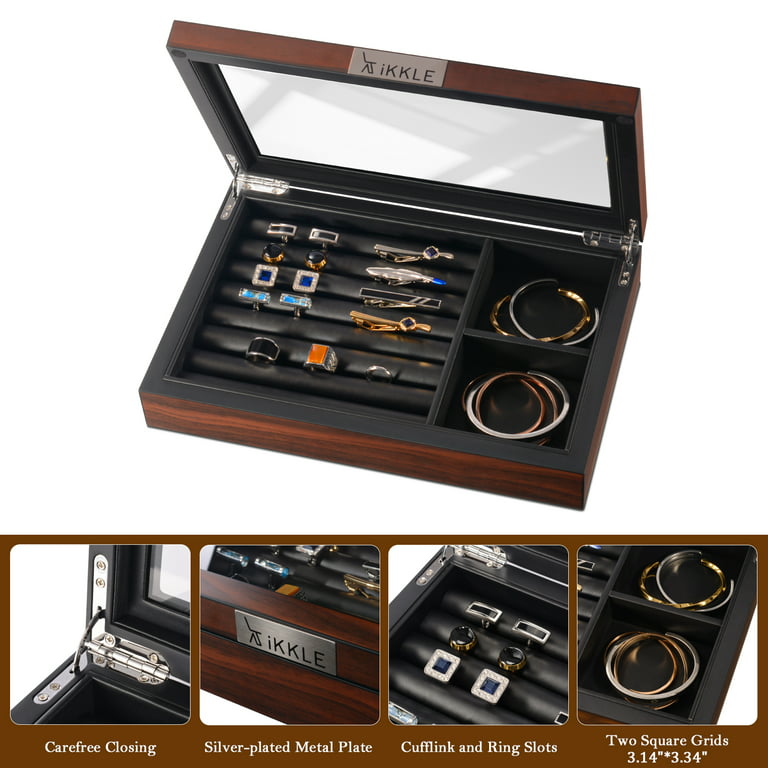 Ikkle Watch Box Organizer for Men and Women, Luxury Wooden Watch Jewelry Box,  Real Glass Top 