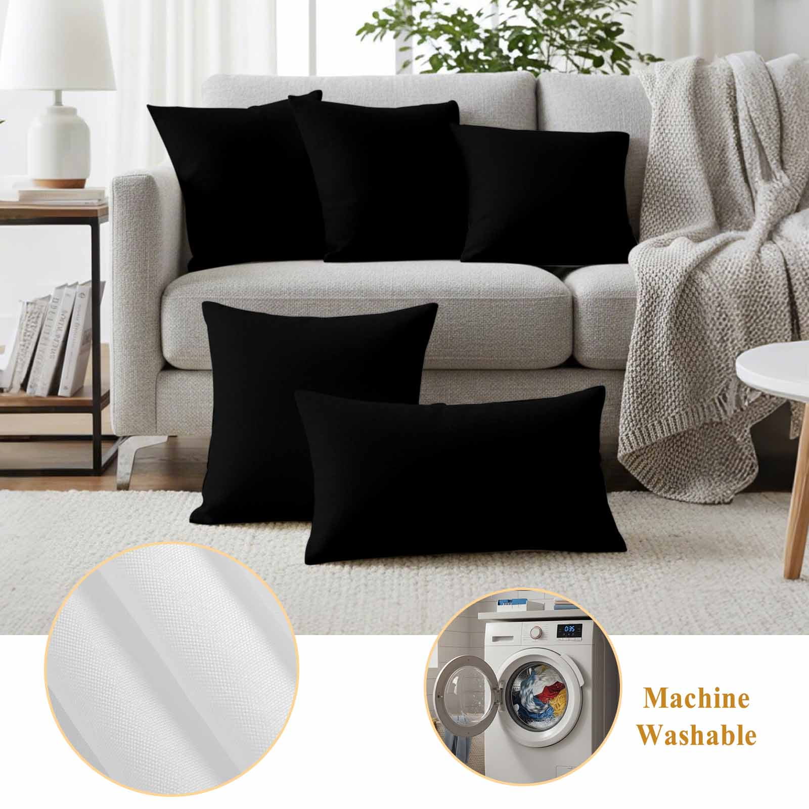 Pack of 2 Outdoor Pillow Covers,Waterproof Black Throw Pillow Covers, Pure Black Decorative Pillowcases Cushion Covers for Patio Garden Couch Pillow Sham Protector 20x12 Inch