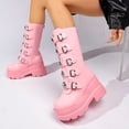 thumbnail image 4 of SACFOF Women's Pink Platform Boots Wedge Combat Gothic Chunky Heel Mid Calf Punk Motorcycle Shoes, 4 of 6