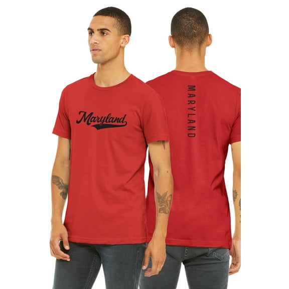 Daxton Adult Unisex Tshirt Maryland Script with Vertical on the Back, Red Black, S