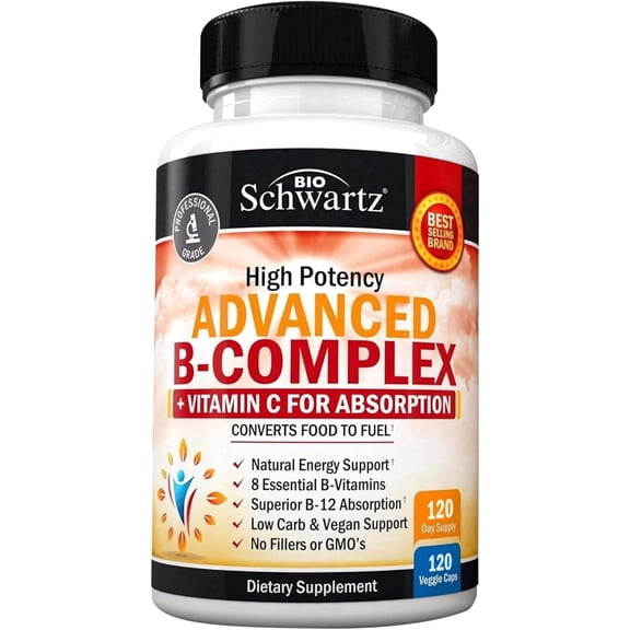 BioSchwartz Advanced Vitamin B Complex with Vitamin C for Energy Support, 120 Capsules