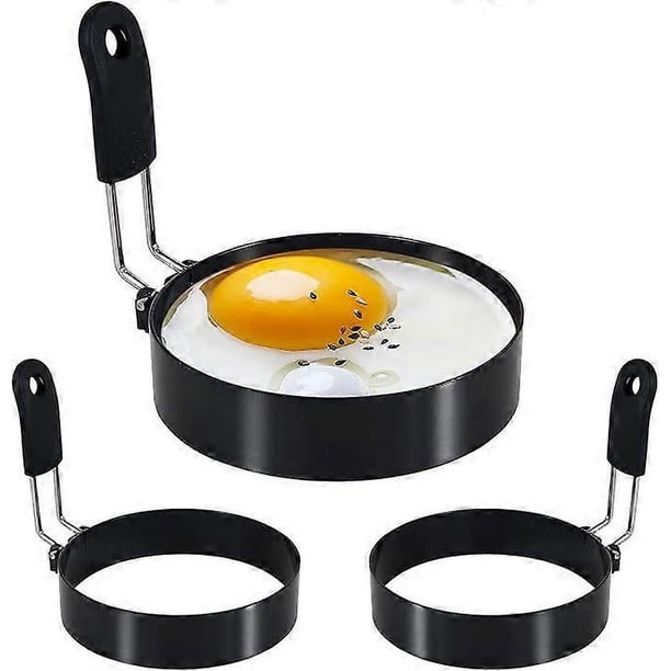 paquetes de anillos para huevos de 3.5'' con mango de silicona, anillos de acero inoxidable para cocinar huevos, antiadherentes para freír huevos y Egg McMuffins, molde para huevos de desayuno negro
