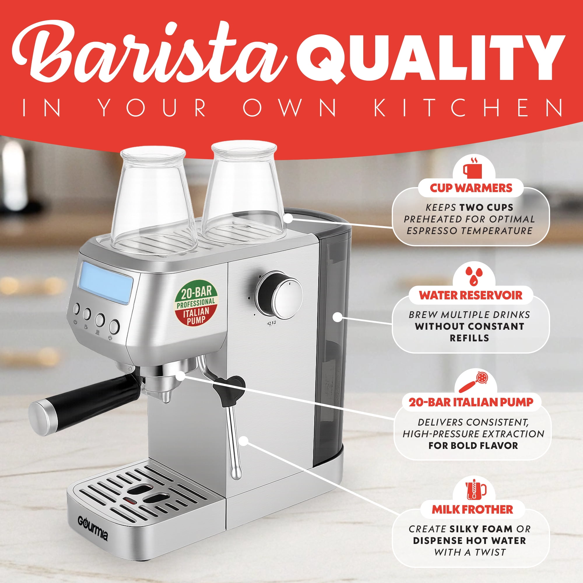 Gourmia, Espresso Machine, 20-Bar Pump, Milk Frother - Walmart.com