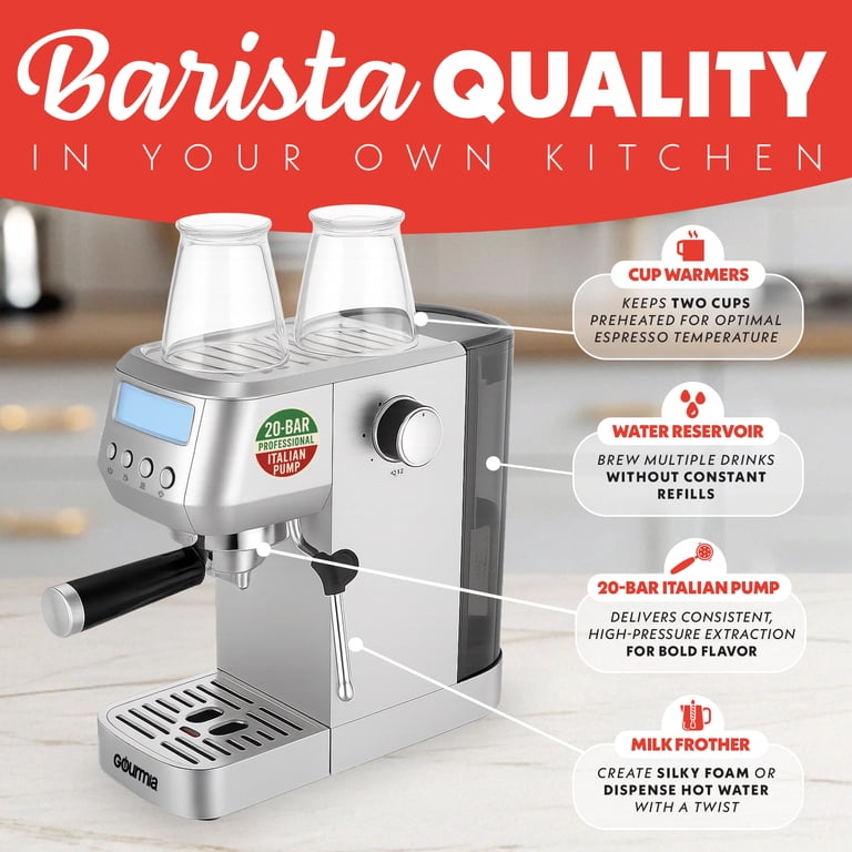Gourmia Slim Espresso Machine with 20-Bar Pump, LCD & Milk Frother