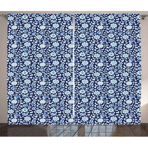 Ambesonne Floral Curtains 2 Panel Set, Chinese Porcelain Motif, 108" x 108", Cobalt Blue Night Blue