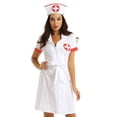 thumbnail image 5 of Disfraz de enfermera para mujer, disfraz de Halloween, traje de cosplay, cuello de solapa, manga corta, vestido de uniforme abotonado con cinturón y sombrero, 5 of 5