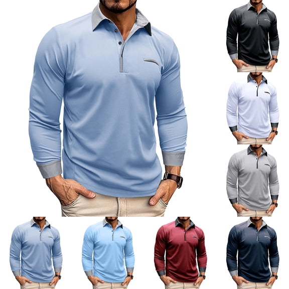 Men's New Casual Turn-Down Collar Breathable Button Long Sleeve Shirt, Polo Style Top for Spring Fall Smart Casual,Black,L