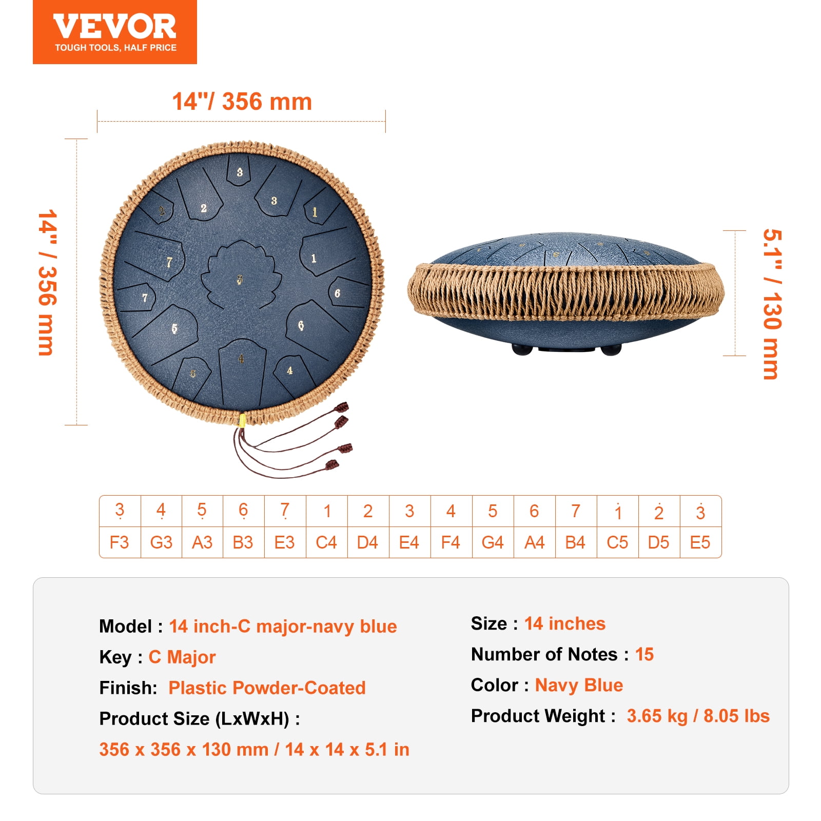 VEVOR Steel Tongue Drum, 14 in & 15 Notes, Rain Drum for Outside Garden, C Major Key, Tank Drum with 2 Mallets & Carry Bag, Hand Pan Drum Percussion Instrument for Musical Education Yoga, Navy Blue