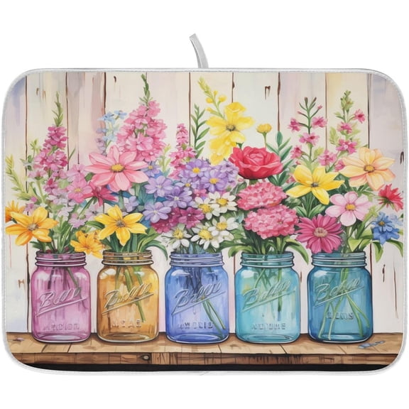 Spring Floral Jars Rustic Dish Drying Mat for Kitchen Counter Absorbent Microfiber Small Drying Pad Flowers Dish Mats for Kitchen Countertops 16 x 18 Inch