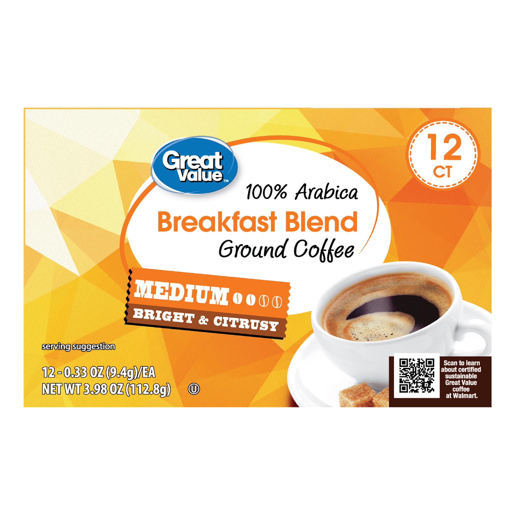(3 pack) Great Value 100% Arabica Breakfast Blend Medium Roast Ground Coffee Pods, 12 Count