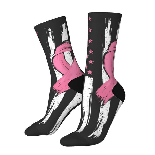 Wukai Ribbon Breast Cancer Awareness Print Contrast Color Mid-tube Socks, 3D Printing Design Adult Socks, High Elastic Breathable Sports Socks, Suitable for Daily,Unisex
